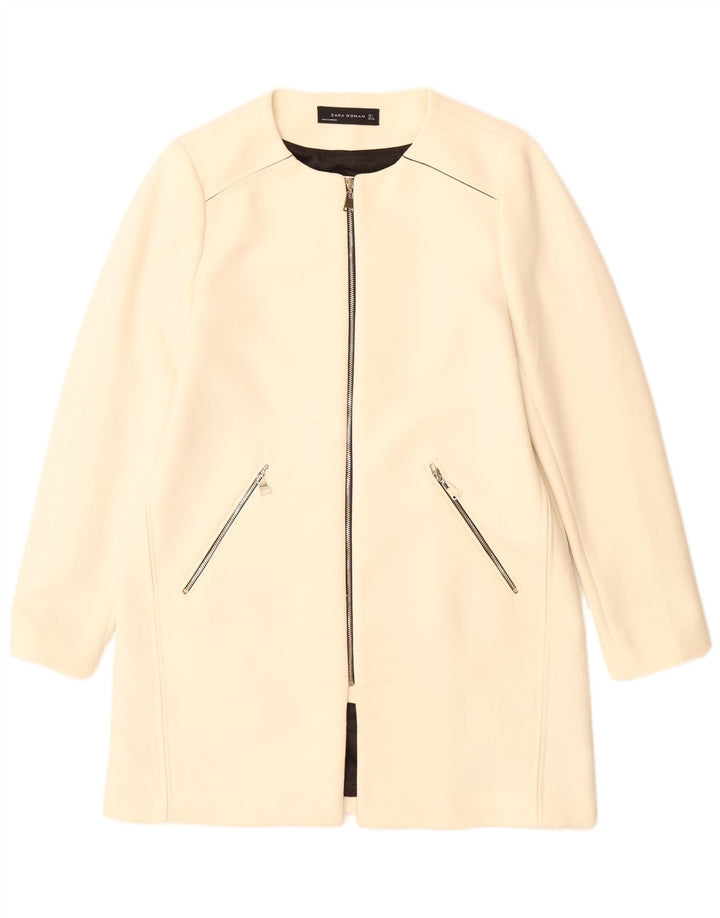 Zara Dame Overfrakke UK 16 Large Off White Polyester