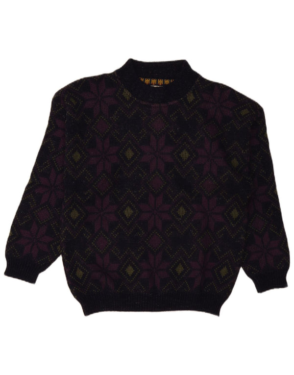Vintage Dame Turtle Neck Jumper Sweater UK 16 Large Purple Floral Wool