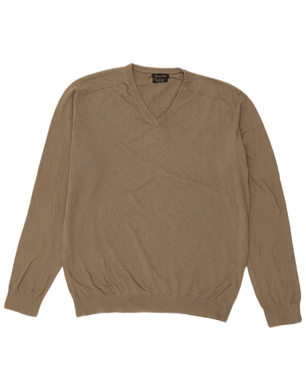 Massimo Dutti Mens V-Neck Jumper Sweater Large Khaki Cotton