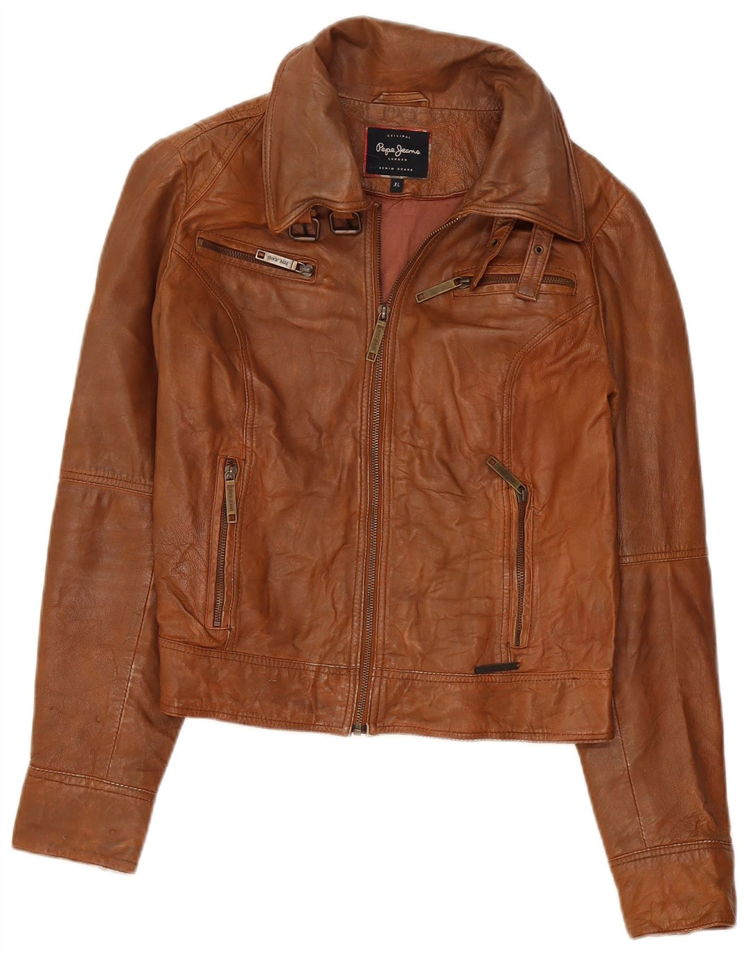 PEPE Jeans Dame Crop Læderjakke UK 18 XL Brun