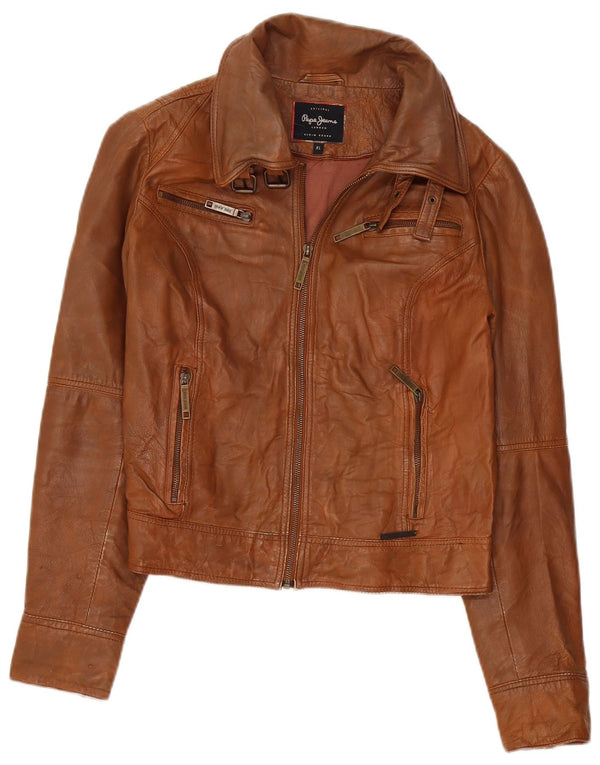 PEPE Jeans Dame Crop Læderjakke UK 18 XL Brun