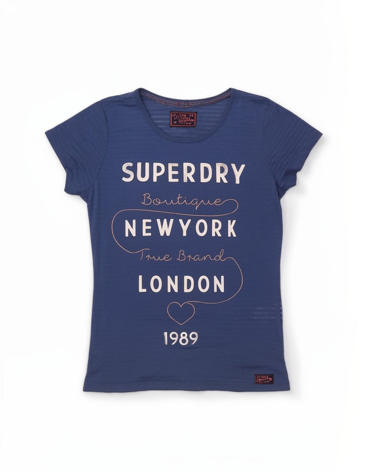 Superdry grafisk T-shirt top til kvinder UK 10 Lille blå polyester