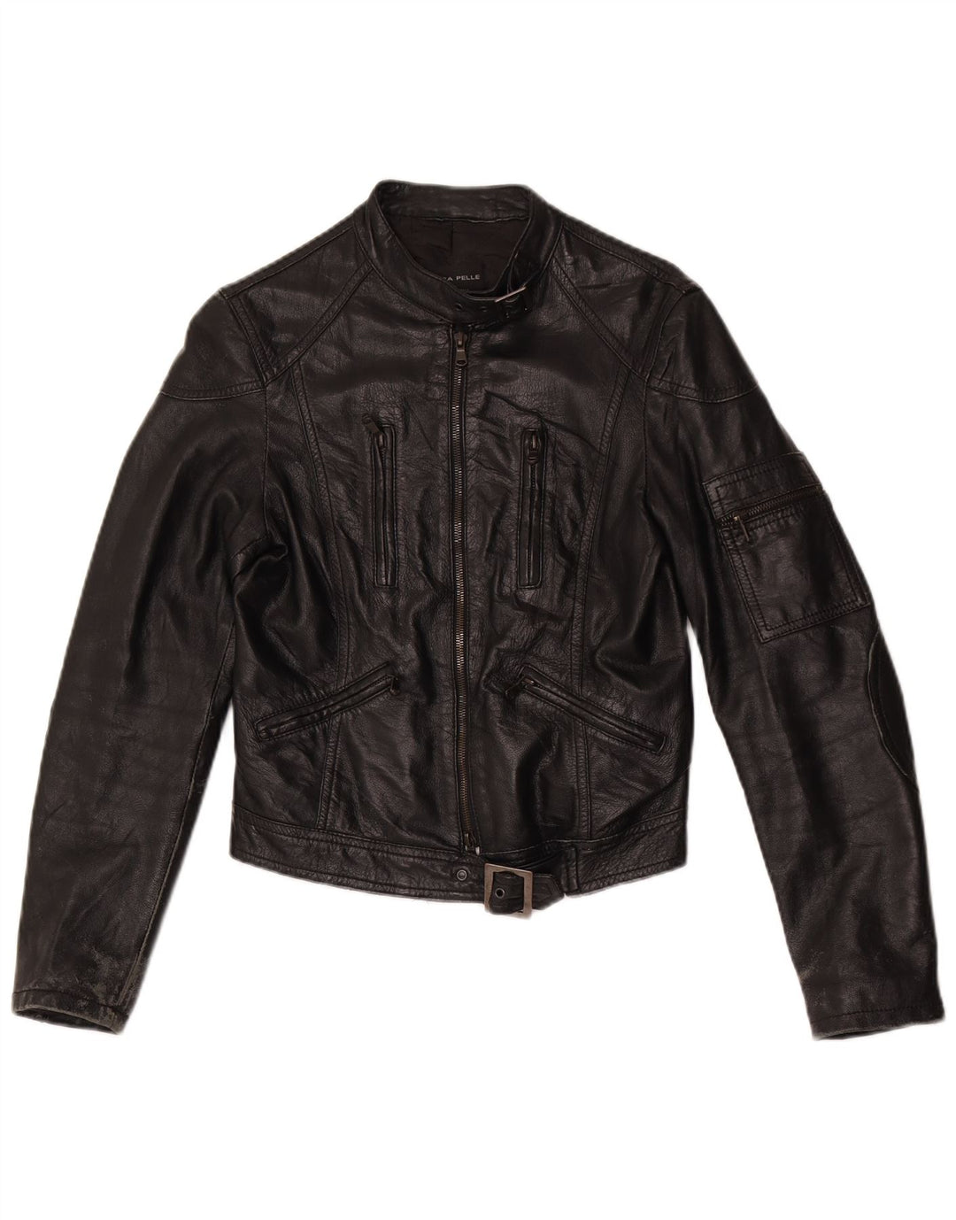 Vintage Dame Crop Læder Biker Jacket UK 10 Lille sort læder
