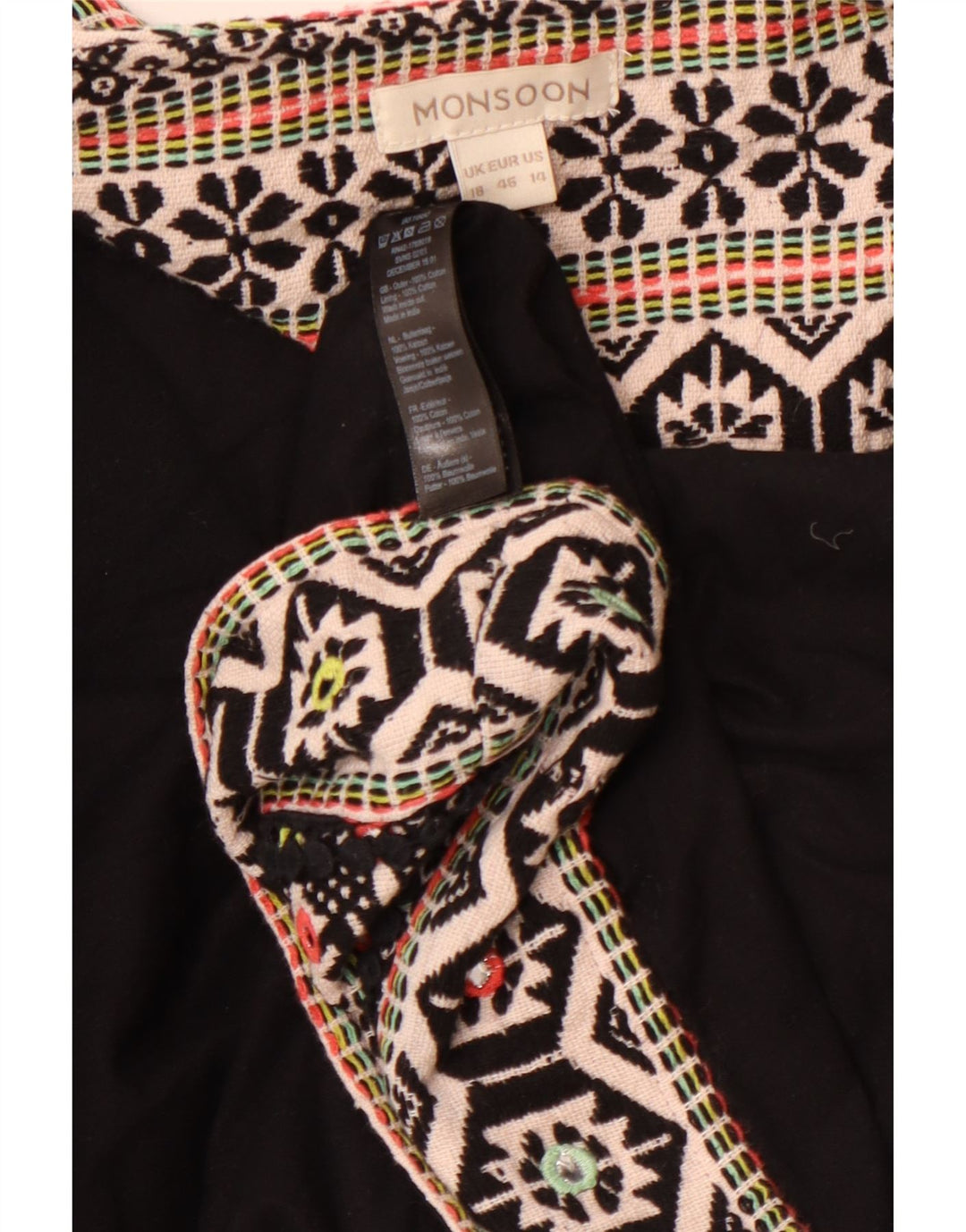 MONSOON Womens Open Bolero Jacket UK 18 XL Sort Geometrisk Bomuld