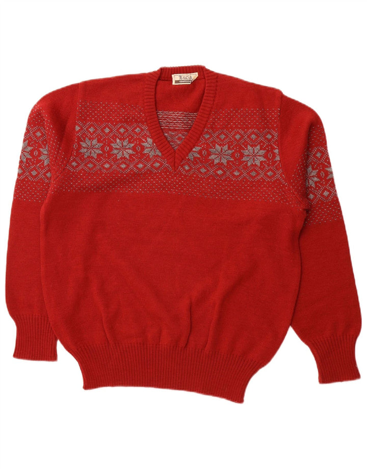 LUCIA Mens V-Neck Jumper Sweater Medium Red Fair Isle