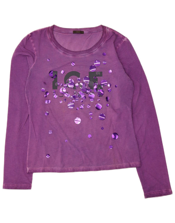 Iceberg Womens Graphic Top Long Sleeve UK 14 Large Purple Cotton