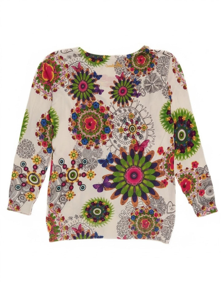 Desigual Dame V-hals Jumper Sweater UK 14 Medium Multicolored Floral
