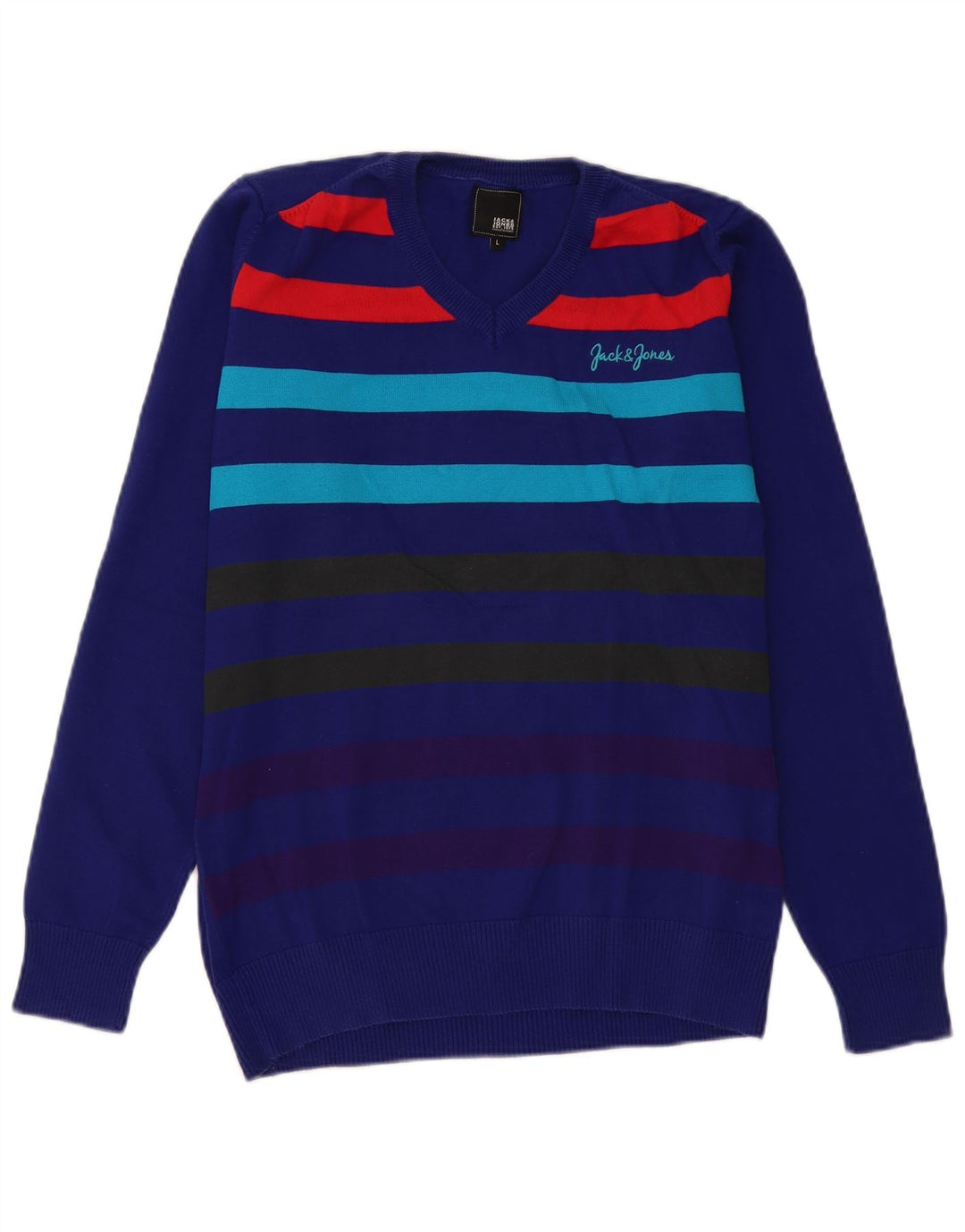 Jack & Jones Herre V-hals sweater Stor blå stribet bomuld