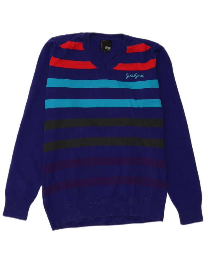 Jack & Jones Herre V-hals sweater Stor blå stribet bomuld