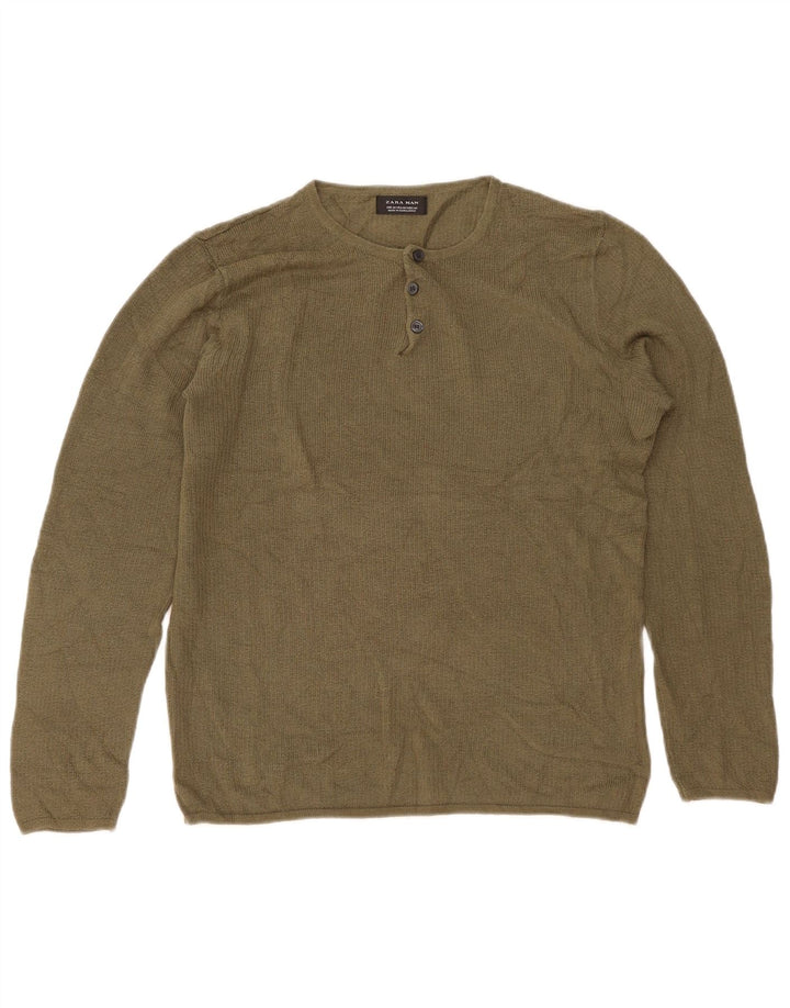 Zara Herre Button Neck Jumper Sweater Medium Khaki