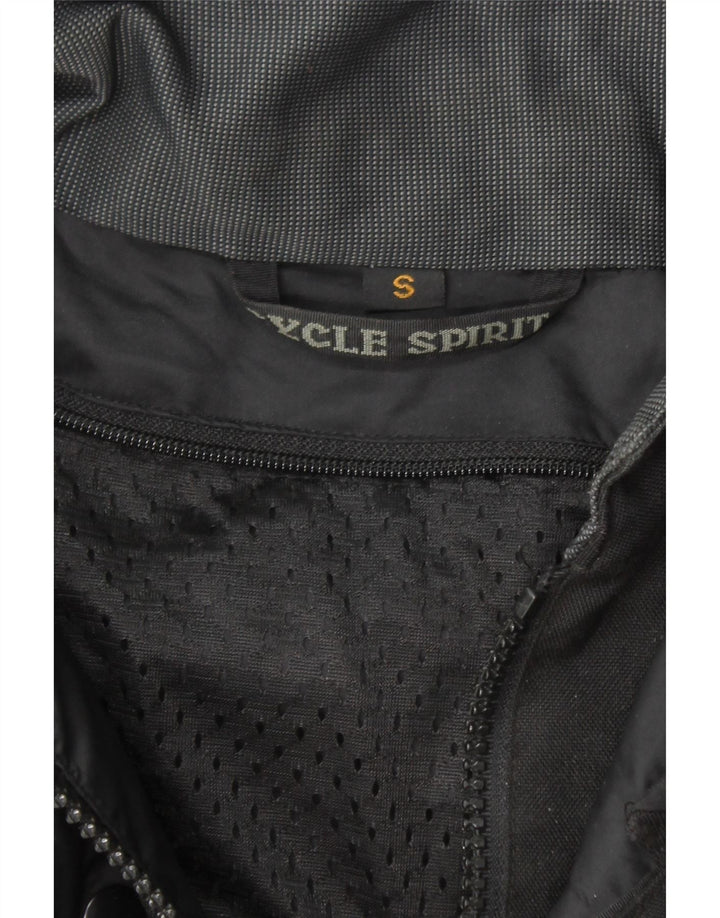 CYCLE SPIRIT Mens Graphic Racer Jacket UK 36 Small Black Colourblock Vintage Cycle Spirit and Second-Hand Cycle Spirit from Messina Hembry 