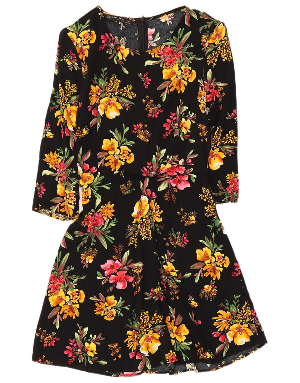 Zara Dame 3/4 ærmet A-line kjole UK 4 XS Sort Floral Viscose