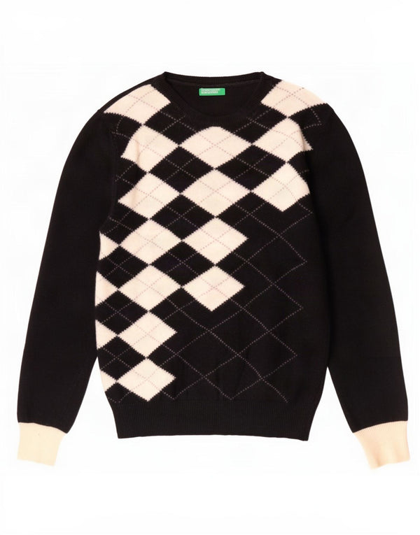 Benetton Dame Boat Neck Jumper Sweater UK 10 Small Black Argyle/Diamond
