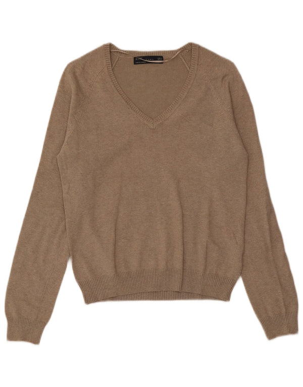 Zara Dame V-hals sweater UK 18 XL Brun Bomuld