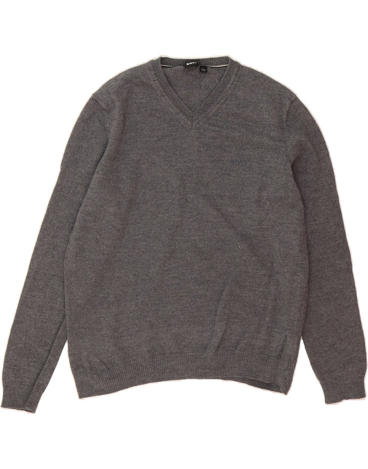 HUGO BOSS Womens V-Neck Jumper Sweater UK 16 Large Grey Wool Vintage Hugo Boss and Second-Hand Hugo Boss from Messina Hembry 