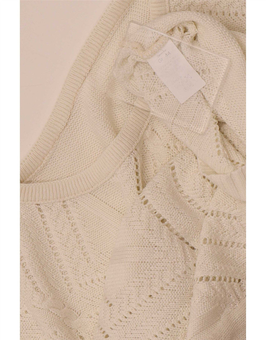 Vintage dame sweater med rund hals DK 14 Medium hvid geometrisk