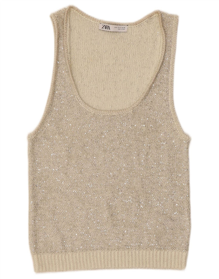 Zara Damestrik Vest Top UK 12 Medium Grå Polyester