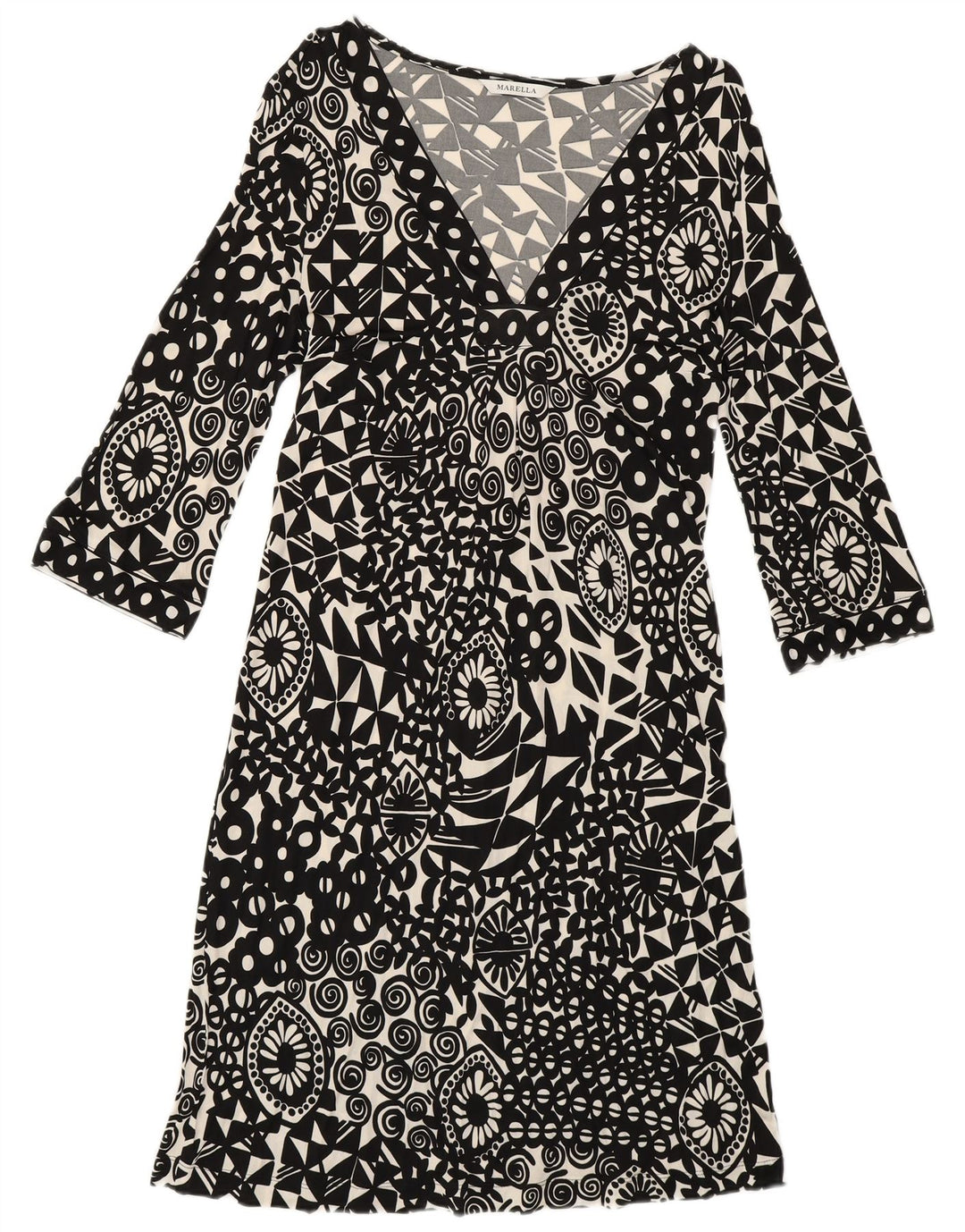 Marella Dame 3/4 Ærmet A-Line Kjole UK 12 Medium Sort Geometrisk