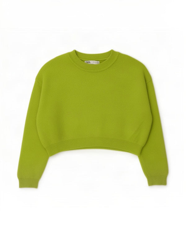 Zara Womens Crop Oversized Boat Neck Jumper Sweater UK 10 Small Green Nylon