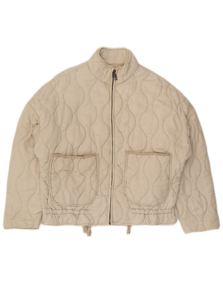 Zara Dame Oversized Quiltet Jakke UK 10 Small Beige Bomuld