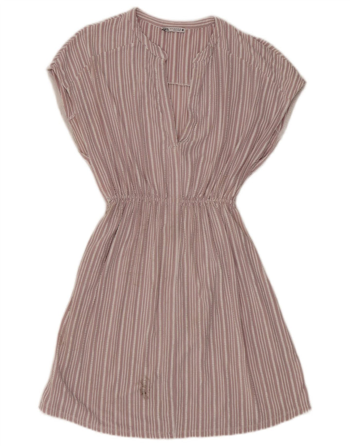 Zara Dame A-Line Kjole UK 14 Medium Pink Stribet Viscose