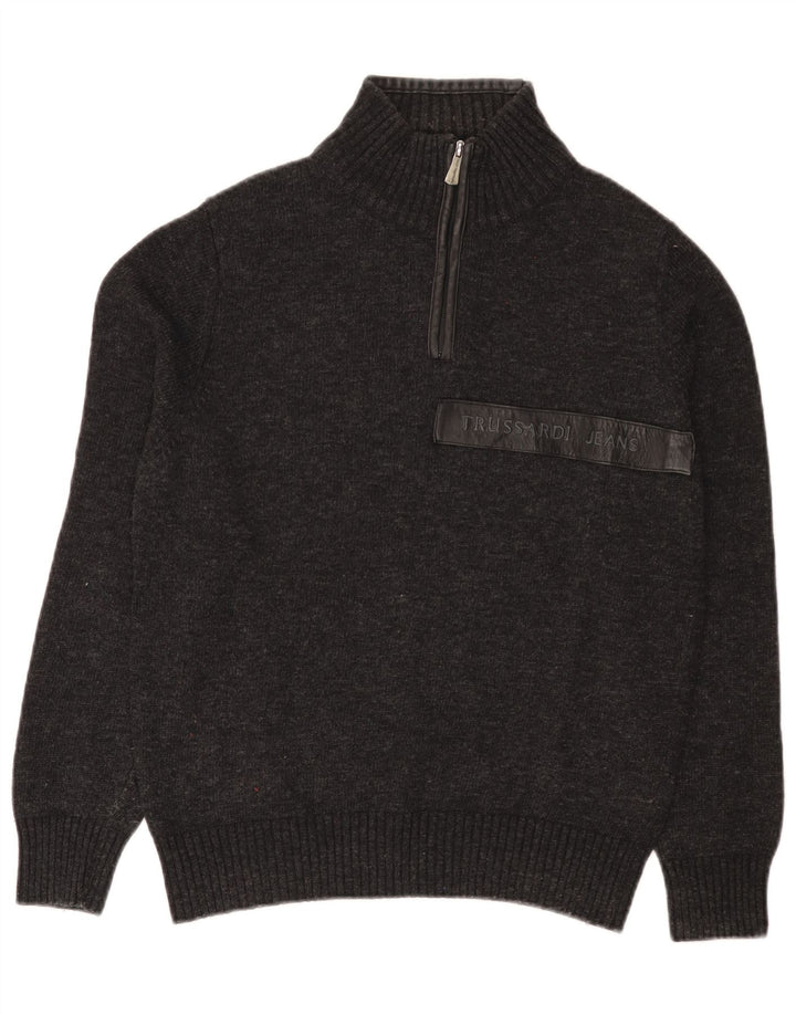 Trussardi Jeans Herre Zip Neck Jumper Sweater Small Grey Uld