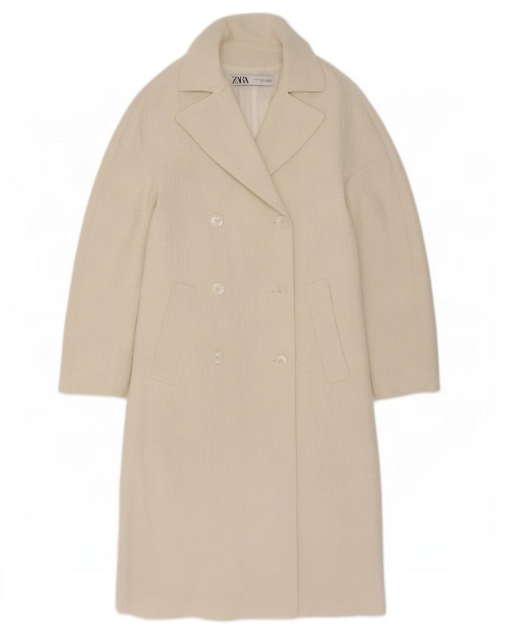 Zara Dame Dobbeltradet Frakke UK 14 Medium White Viscose