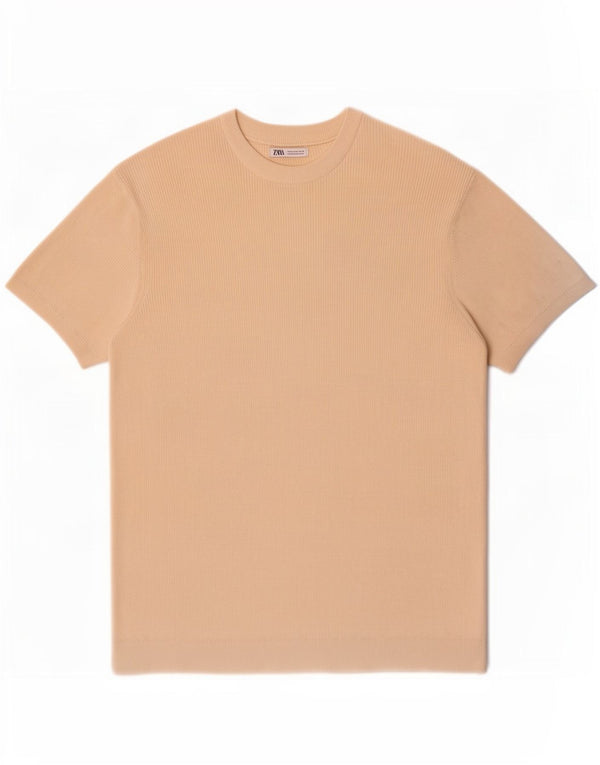 Zara Mens Short Sleeve Boat Neck Jumper Sweater Medium Beige