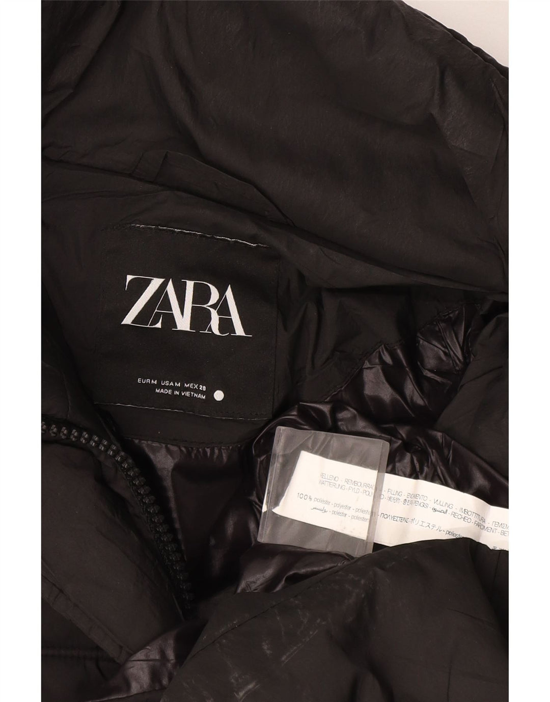 Zara Dame Hætte Polstret Frakke UK 14 Medium Sort Polyester