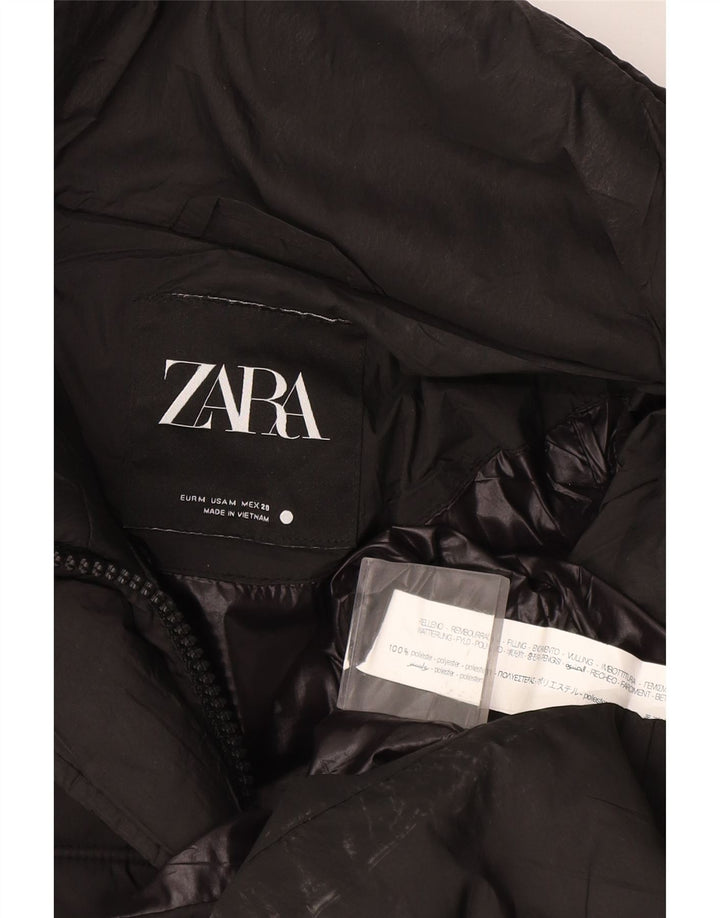 Zara Dame Hætte Polstret Frakke UK 14 Medium Sort Polyester