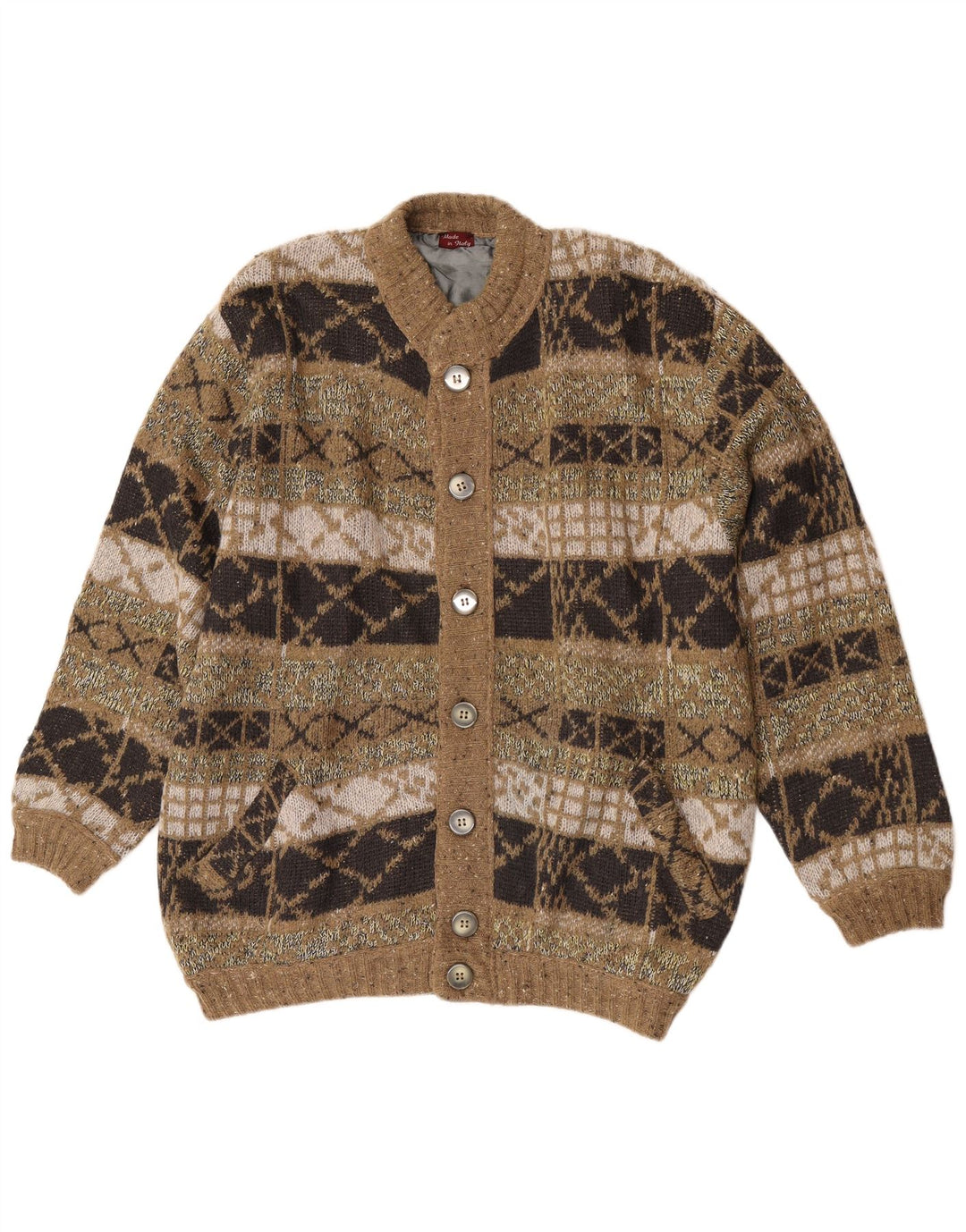 Vintage Herre Loose Fit Knit Bomber Jacket IT 48 Medium Green Geometric