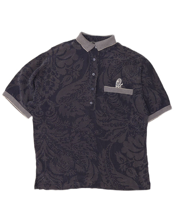 Vintage Dame Polo Shirt UK 14 Large Navy Blue Paisley