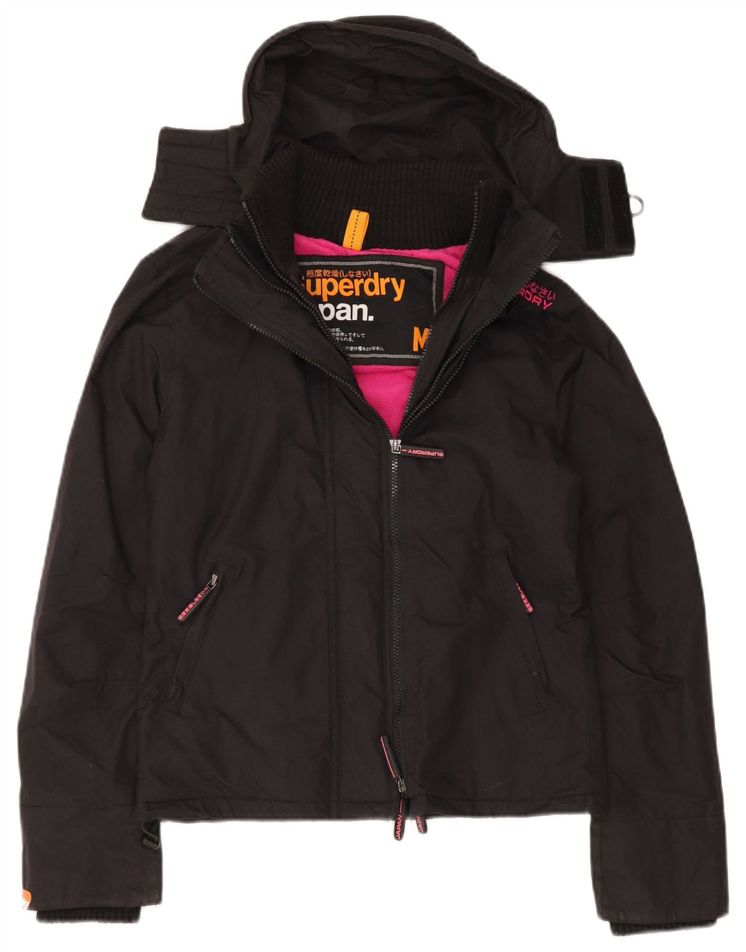 Superdry vindjakkejakke med hætte til kvinder UK 14 Medium Sort Nylon