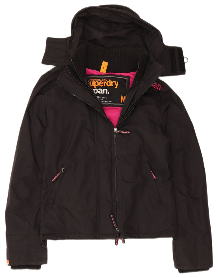 Superdry vindjakkejakke med hætte til kvinder UK 14 Medium Sort Nylon