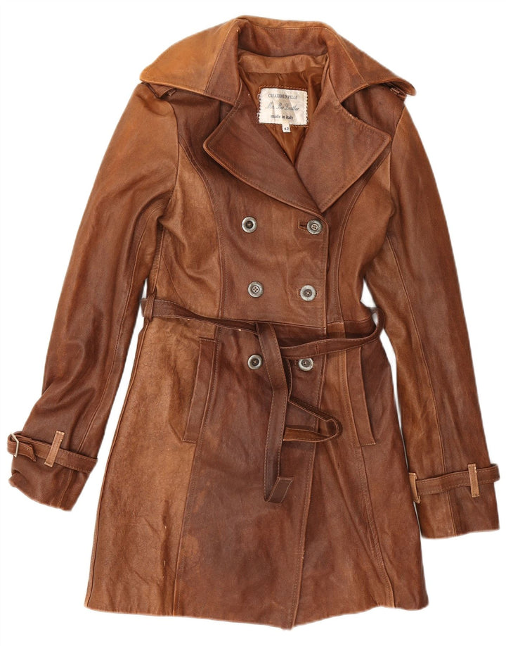 Vintage dobbeltradet læderfrakke til kvinder IT 42 medium brunt læder