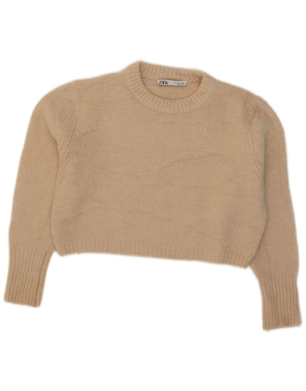 Zara Womens Crop Crew Neck Jumper Sweater UK 16 Large Beige Acryl