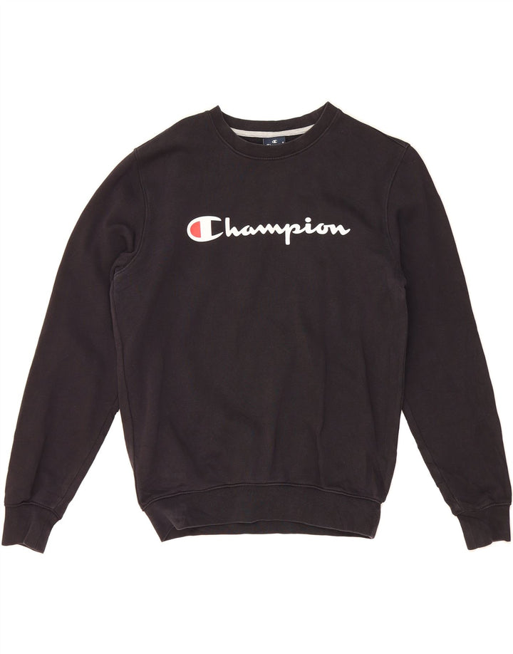 CHAMPION Mens Graphic Sweatshirt Jumper Small Black Cotton Vintage Champion and Second-Hand Champion from Messina Hembry 
