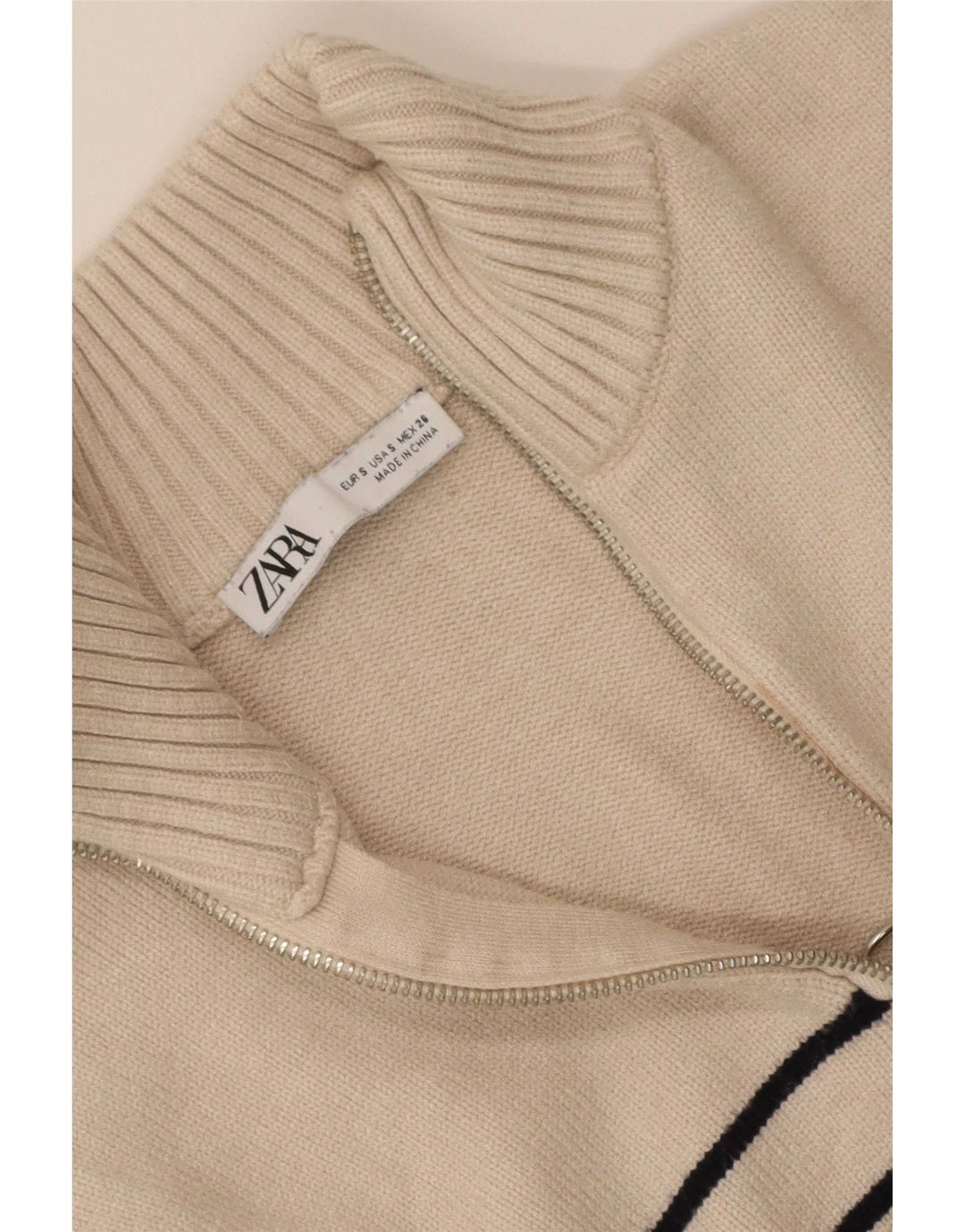Zara Dame Oversized Zip Neck Jumper Sweater UK 10 Small Beige Striped