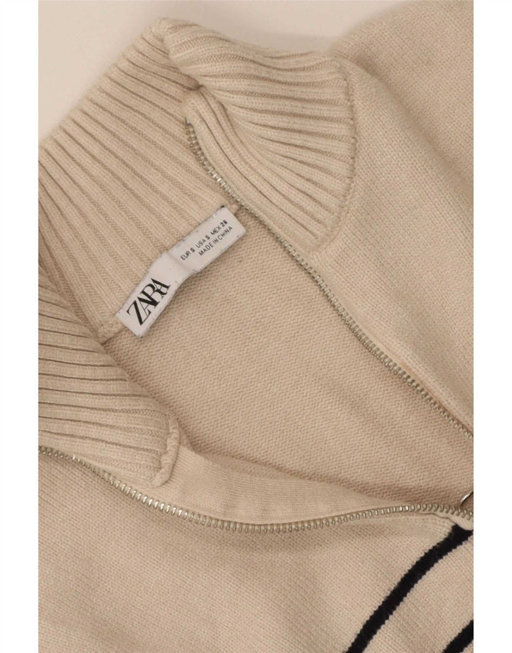 Zara Dame Oversized Zip Neck Jumper Sweater UK 10 Small Beige Striped