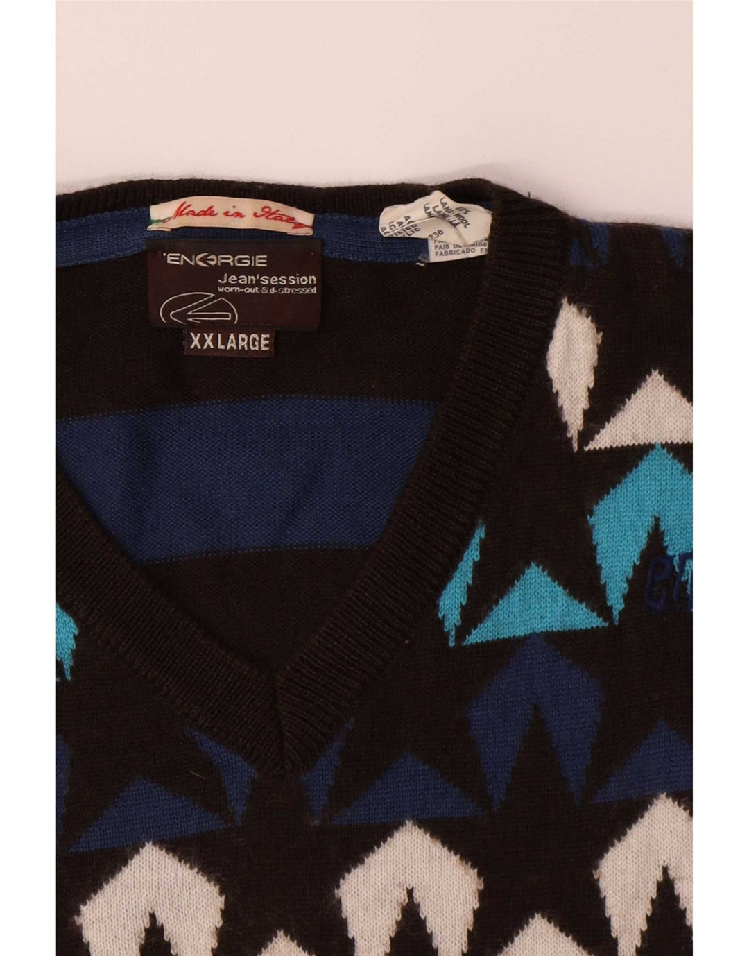 Energie Herre abstrakt mønster V-hals sweater 2XL flerfarvet uld
