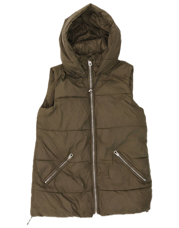 Zara Dame Hooded Longline Polstret Gilet UK 12 Medium Khaki Polyester