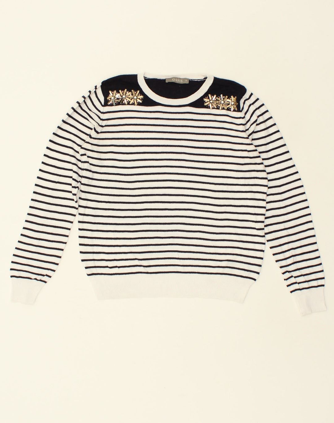 OASIS Womens Crew Neck Jumper Sweater UK 14 Medium White Striped Cotton | Vintage Oasis | Thrift | Second-Hand Oasis | Used Clothing | Messina Hembry 