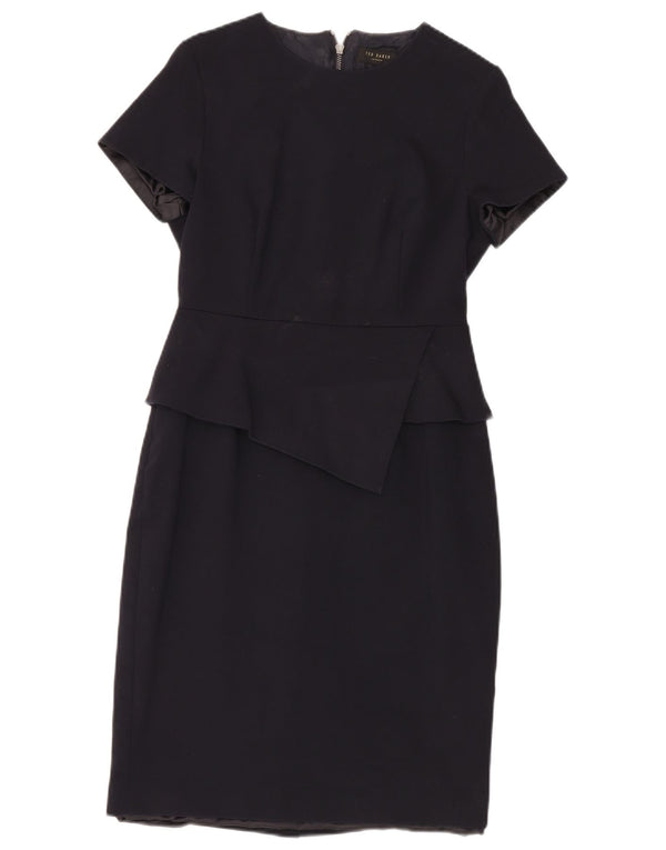 Ted Baker Dame Peplum Kjole Størrelse 2 Lille Marineblå Bomuld
