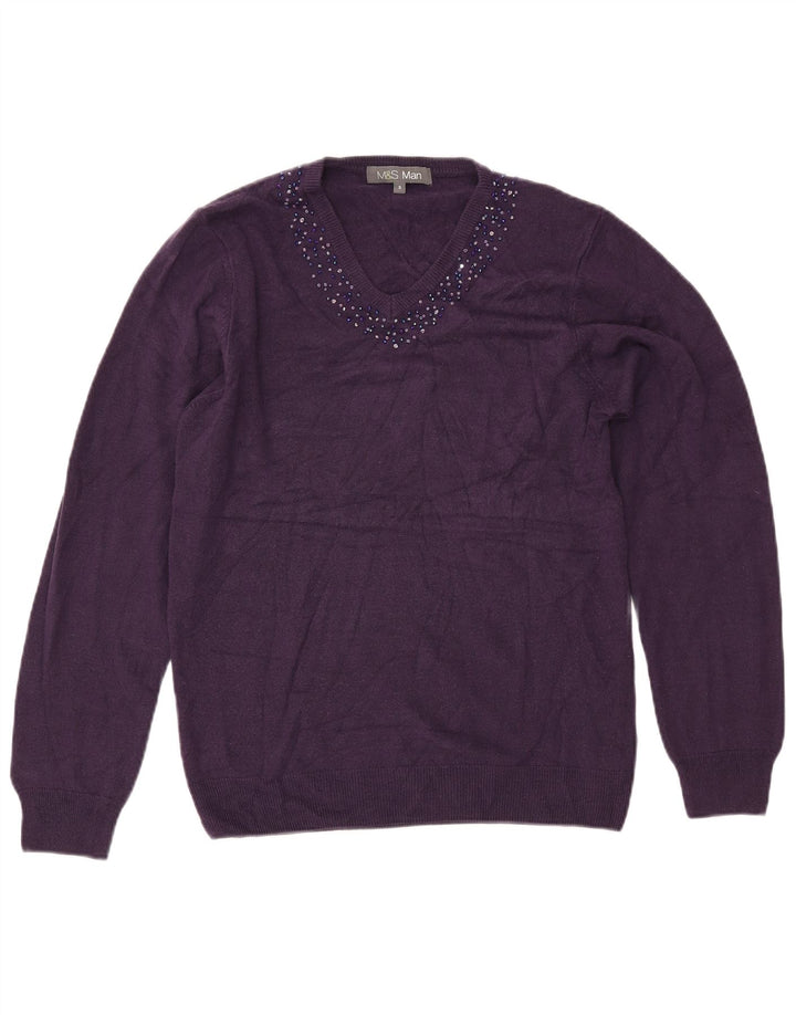 MARKS & SPENCER Herre V-hals sweater lille lilla akryl