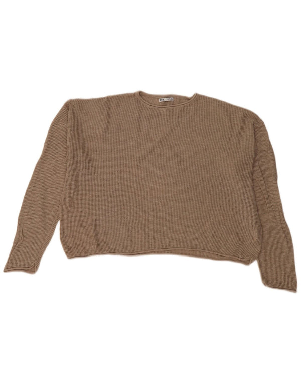 Zara Womens Crop Oversized Crew Neck Jumper Sweater UK 18 XL Beige