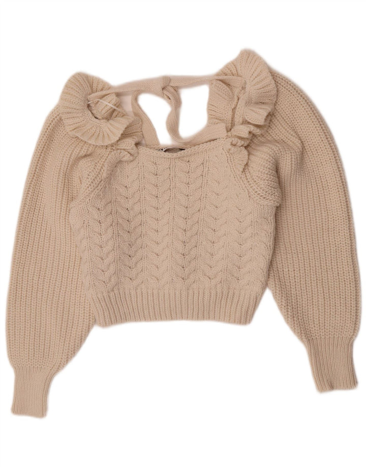Zara Womens Crop Boat Neck Jumper Sweater UK 12 Medium Off White Polyester
