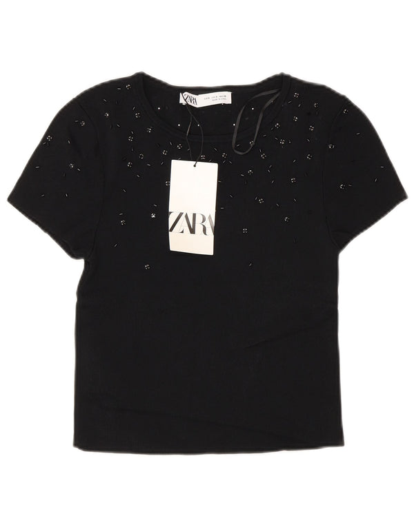Zara Womens Crop T-Shirt Top UK 8 Small Black Viscose