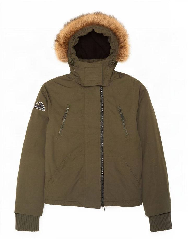 Superdry Windbreaker-jakke med hætte til kvinder UK 14 Medium Khaki Polyester