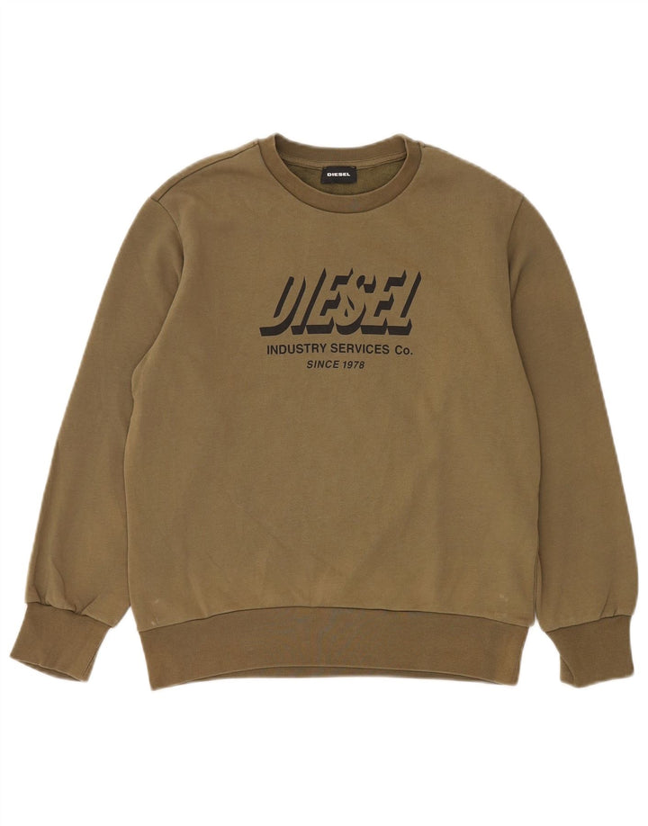 DIESEL Dame Grafisk Sweatshirt Jumper UK 12 Medium Khaki Bomuld