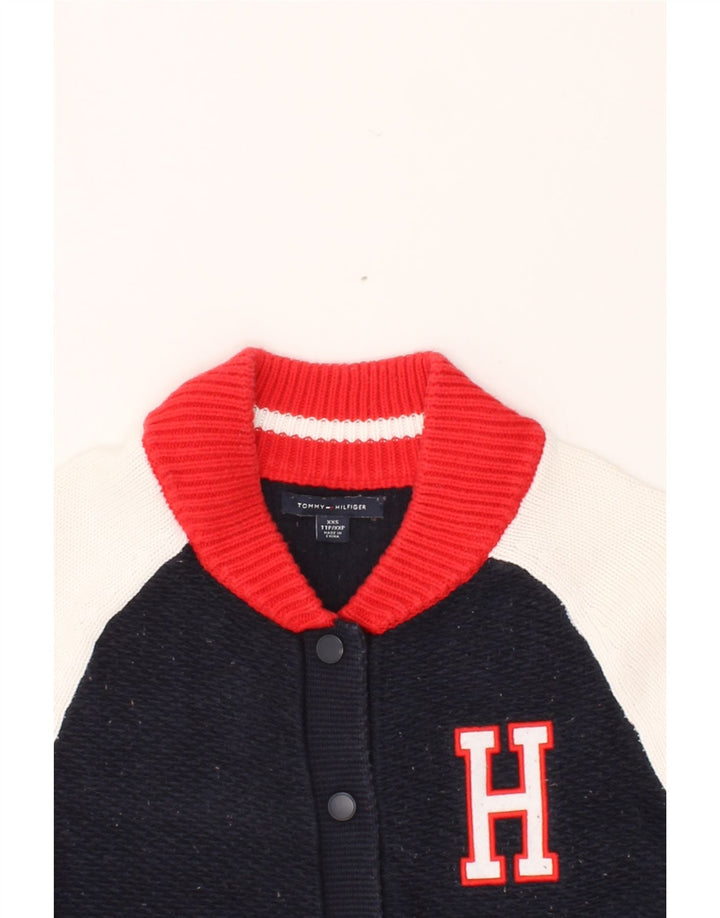 TOMMY HILFIGER Womens Graphic Knit Bomber Jacket UK 2 2XS Navy Blue Vintage Tommy Hilfiger and Second-Hand Tommy Hilfiger from Messina Hembry 
